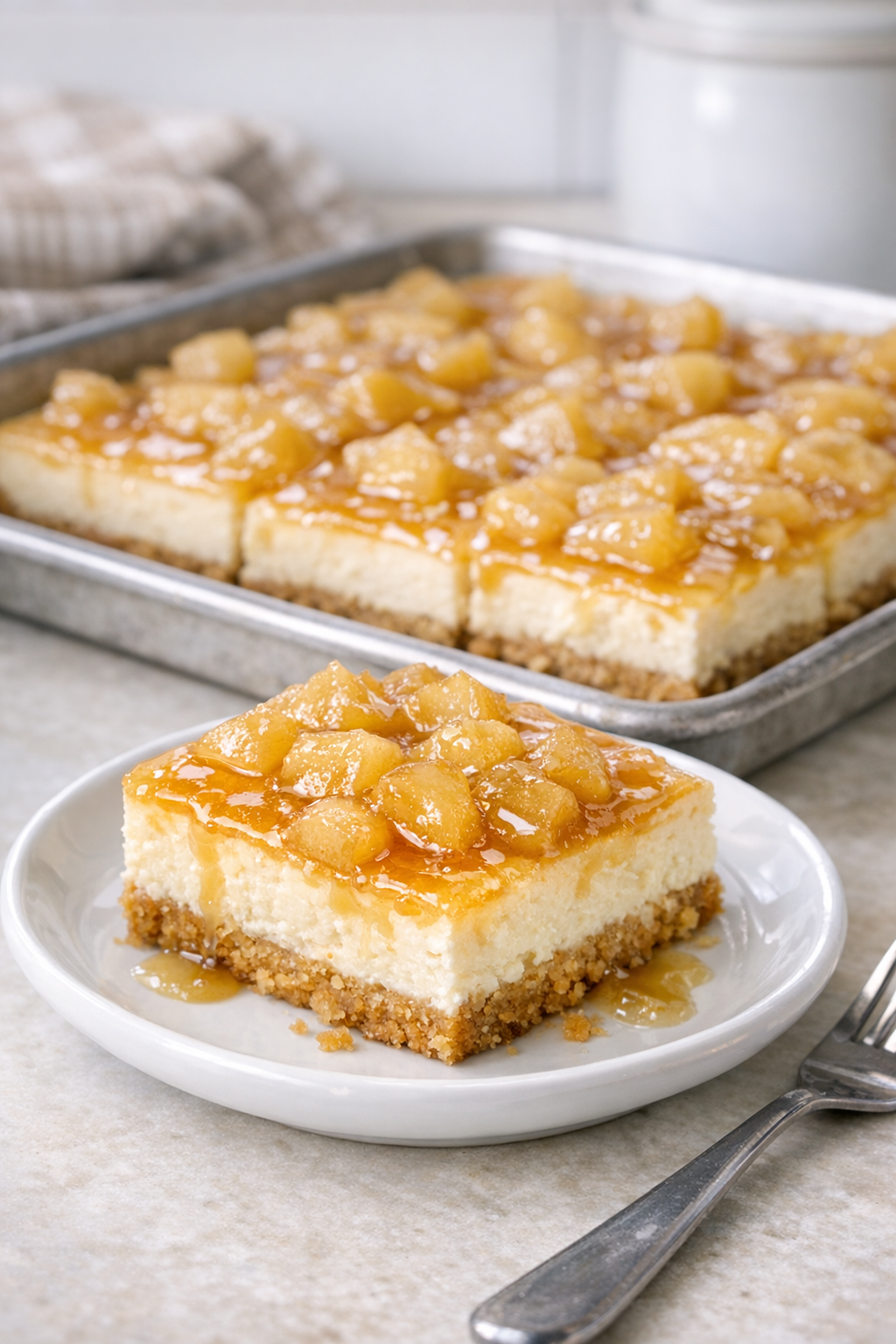 Baked apple cheesecake dessert squares on a tray