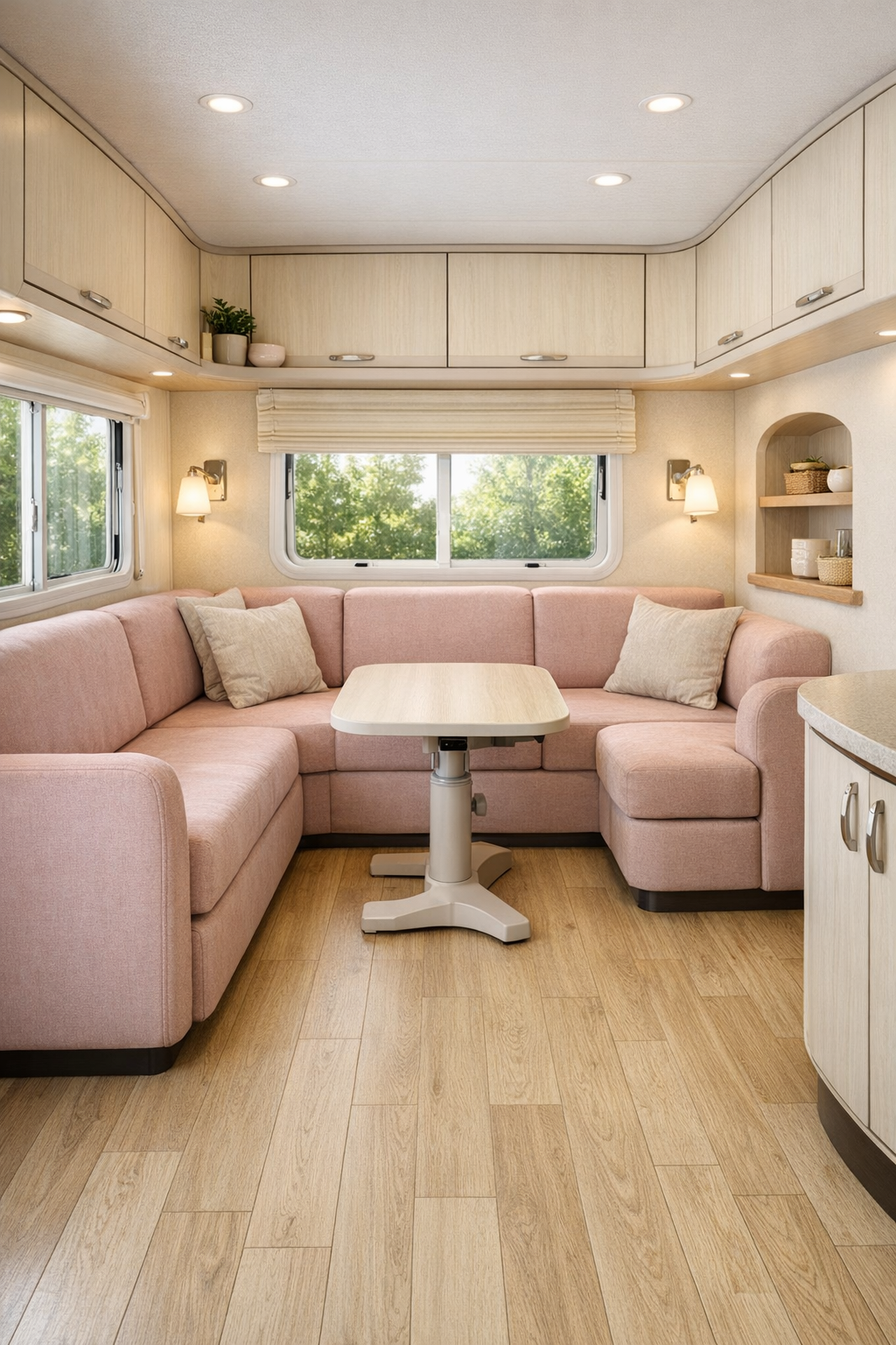 Accessible RV living room with blush seating, pale wood finishes, and large windows