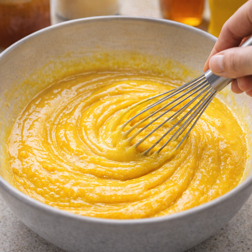Sunny yellow sauce being whisked in bowl