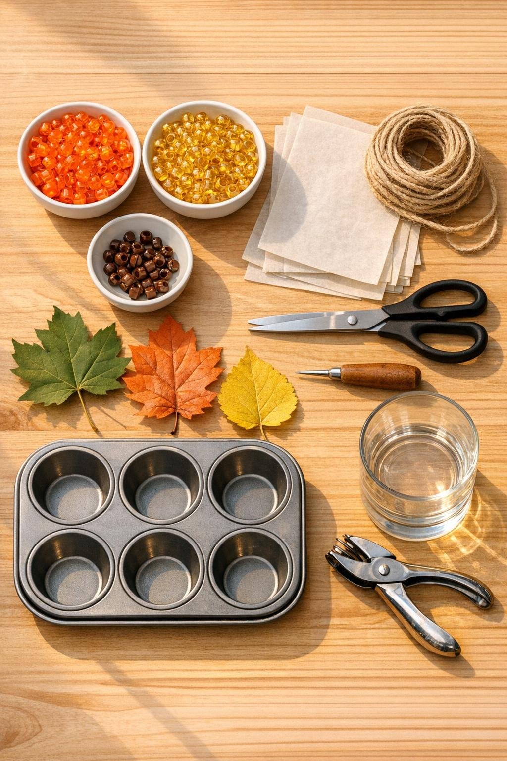 Materials for amber leaf suncatchers laid out on a table