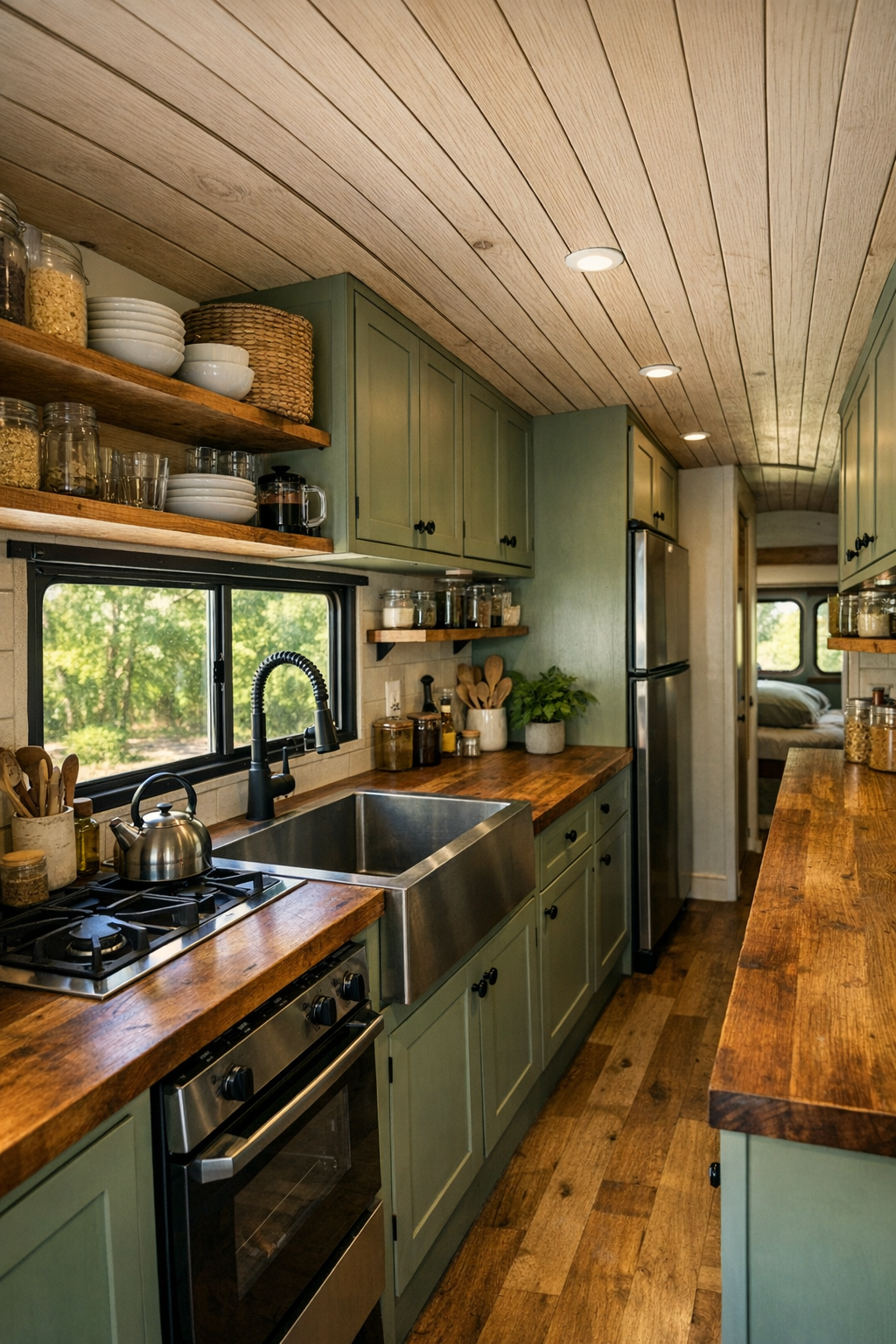 Narrow galley kitchen in a converted bus with wood counters and open shelving