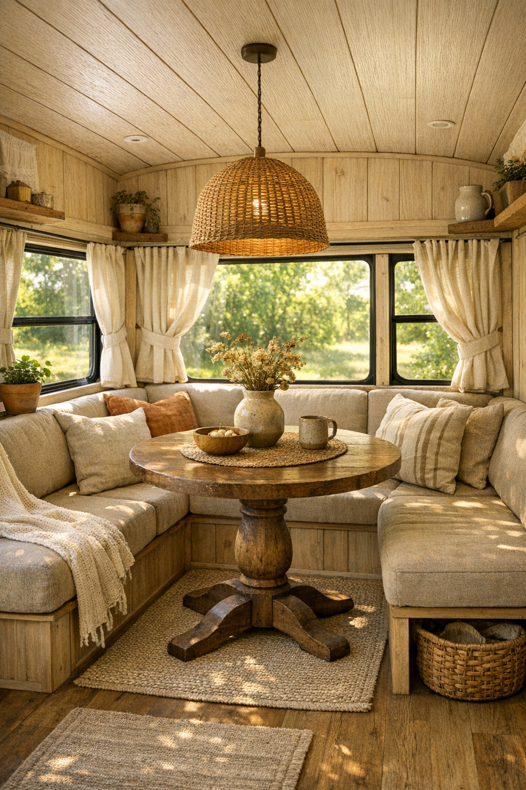 Cozy bus dining nook with banquette seating and a rustic wood table