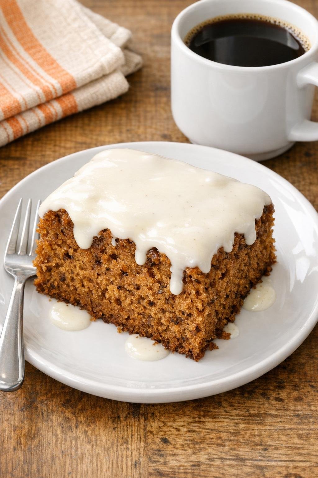 Een afgewerkte kruidencake, geserveerd met vanilleglazuur.