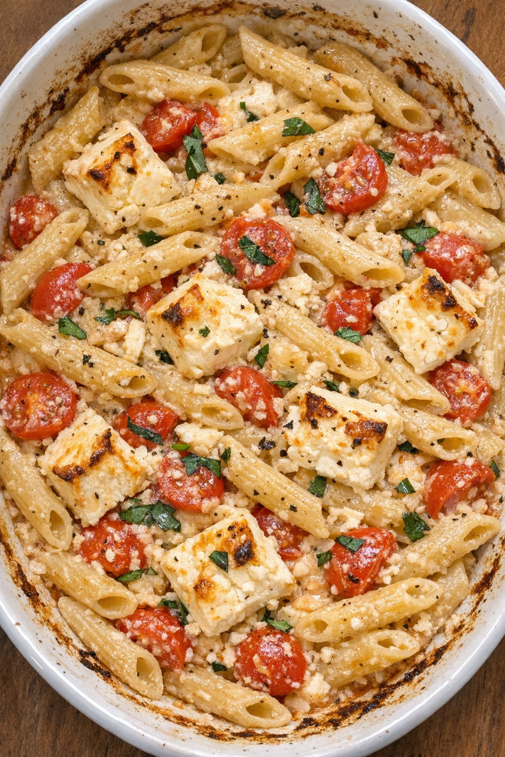 Creamy baked feta penne in an oval baking dish