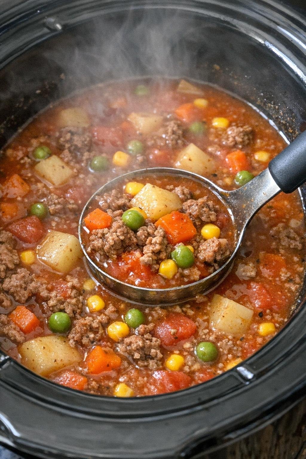 Hearty hamburger soup in a black slow cooker crock