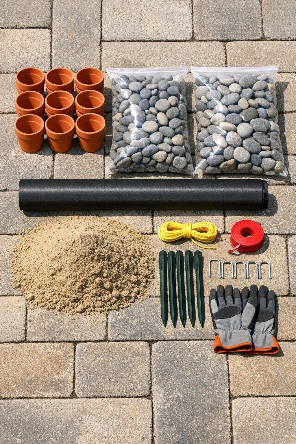 Terracotta pots, river rock, landscape fabric, sand, and garden edging materials laid out together