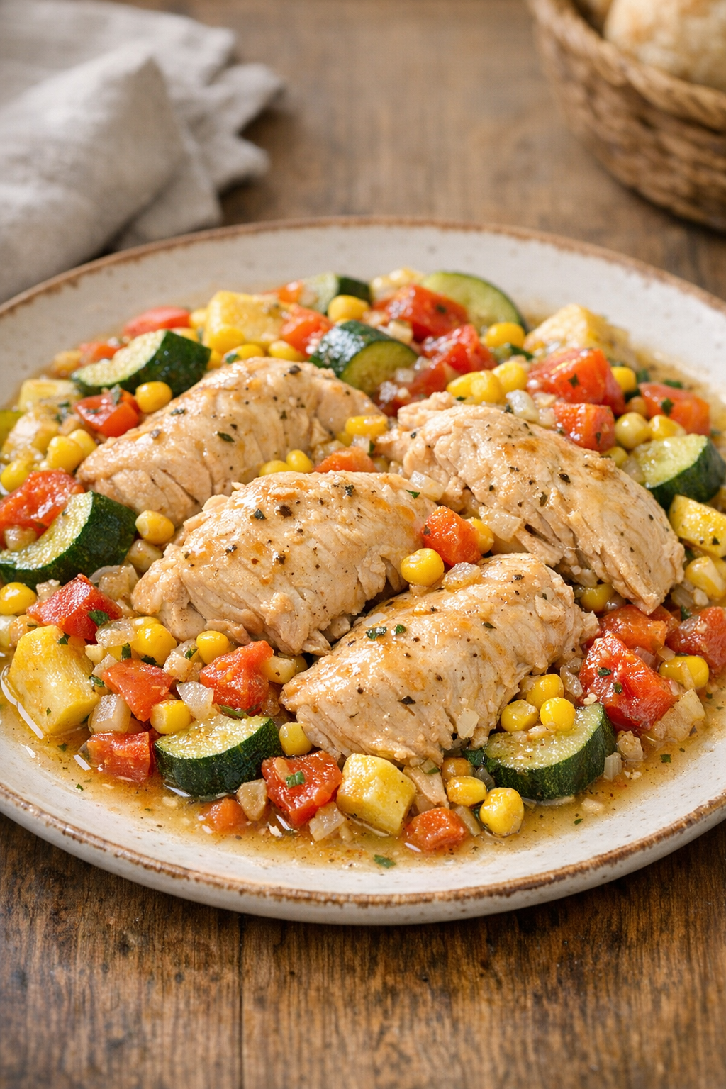 Finished slow cooker chicken plated with summer vegetables