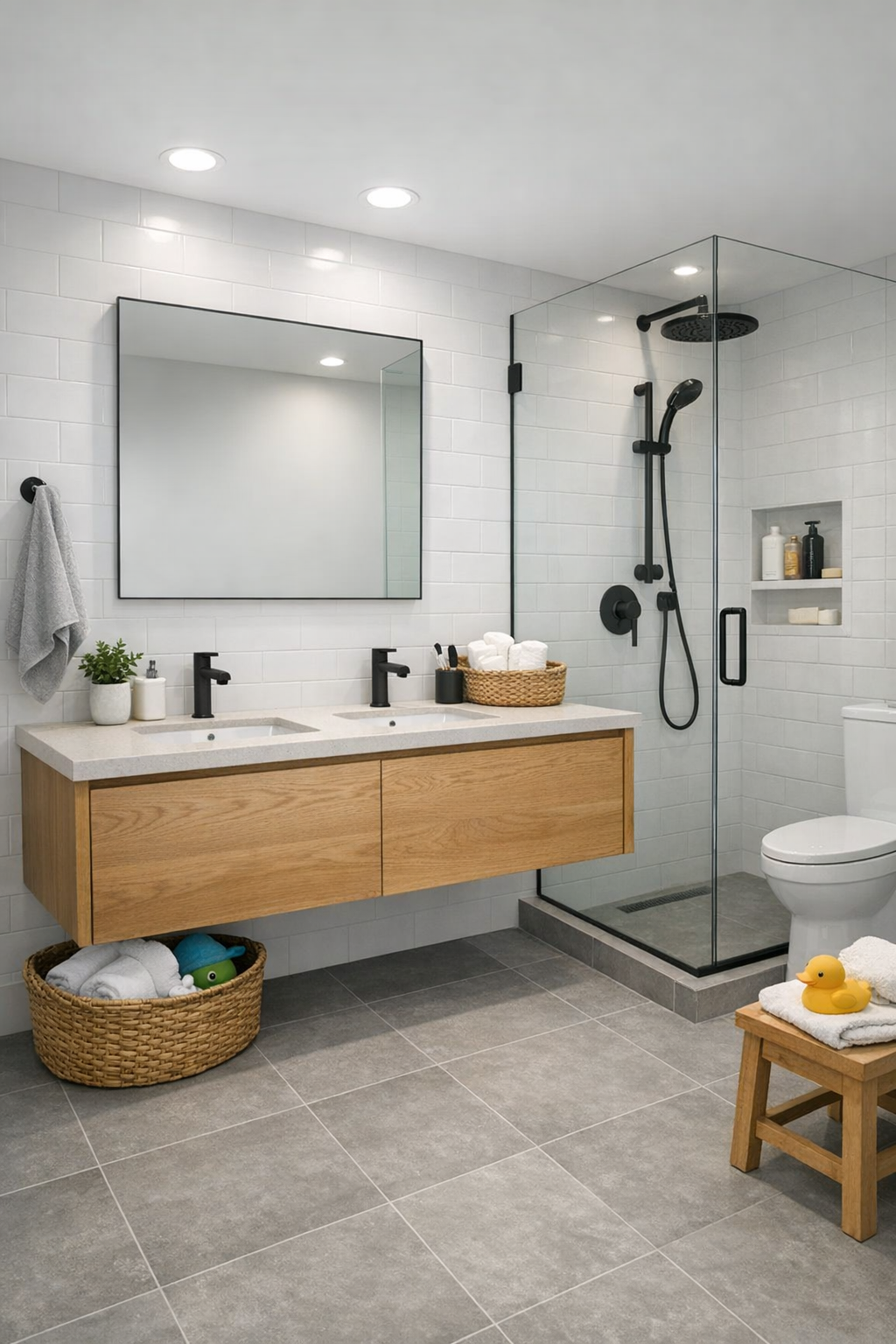 Bright modern bathroom with floating oak vanity, white tile, and black fixtures
