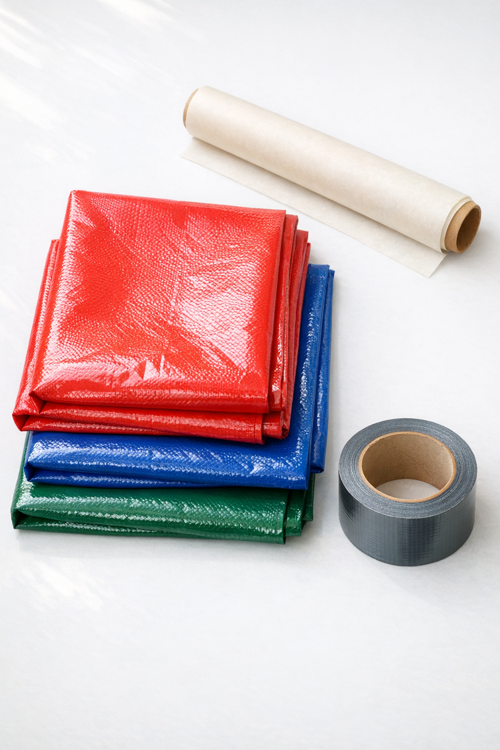 Vinyl tablecloths, parchment paper, and heavy-duty tape laid out for the project