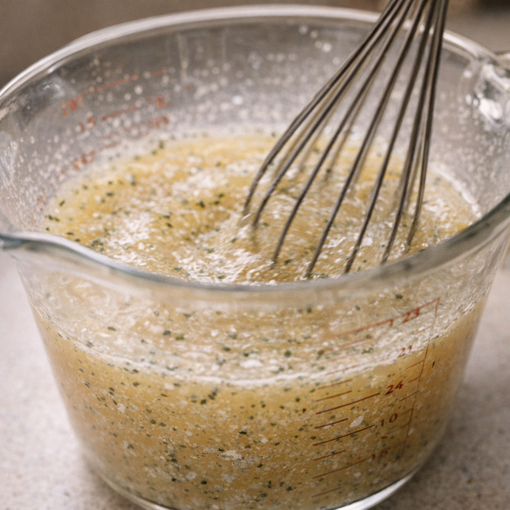 Ranch broth mixture being whisked in a glass measuring cup