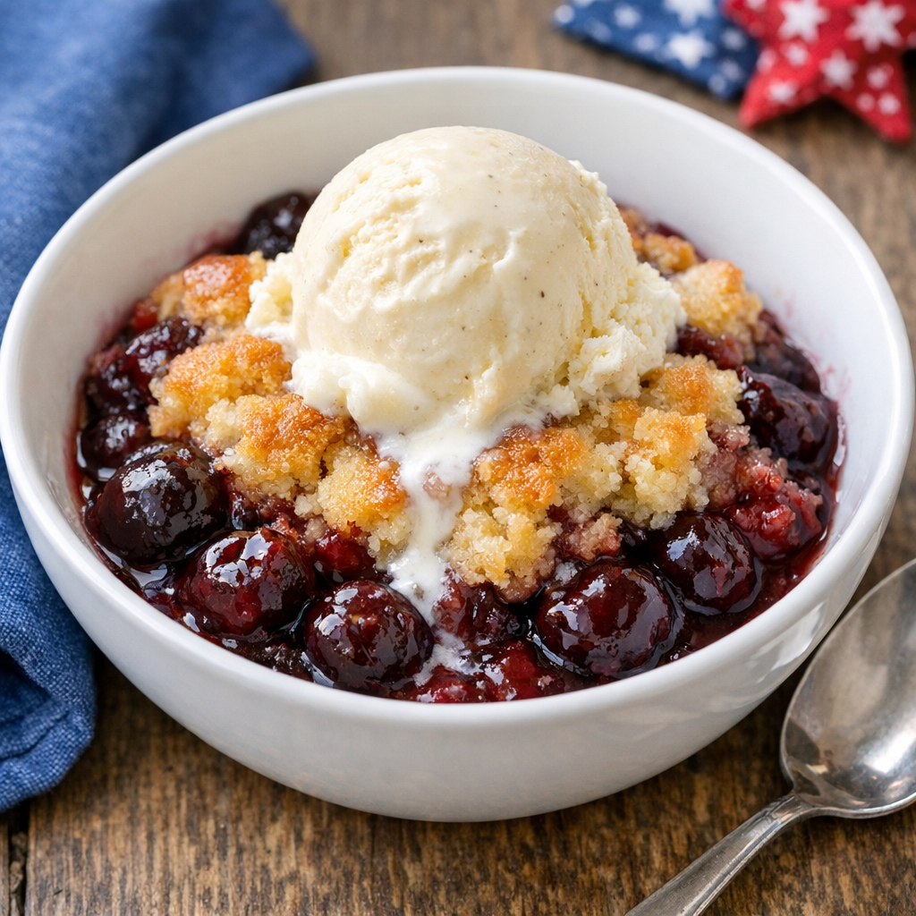 Finished slow cooker cherry dessert in a serving bowl
