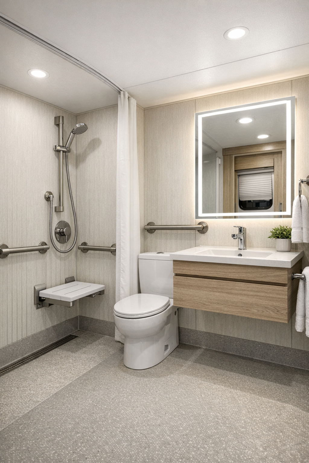 Accessible RV bathroom with a curbless shower, floating vanity, and light modern finishes
