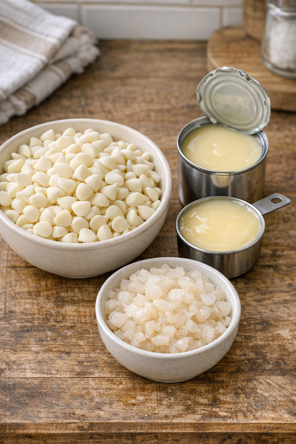 White chocolate chips, condensed milk, and chopped lychee