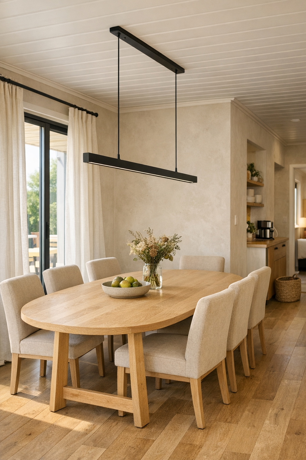 Modern dining room with an oval oak table, upholstered chairs, and warm earthy finishes