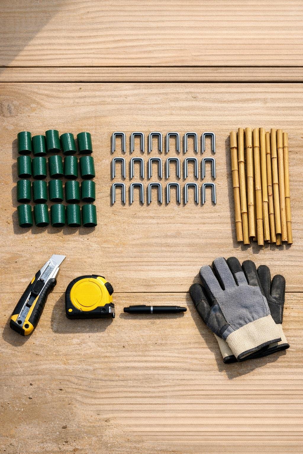 Garden hose offcuts, bamboo stakes, and landscape staples laid out with simple tools