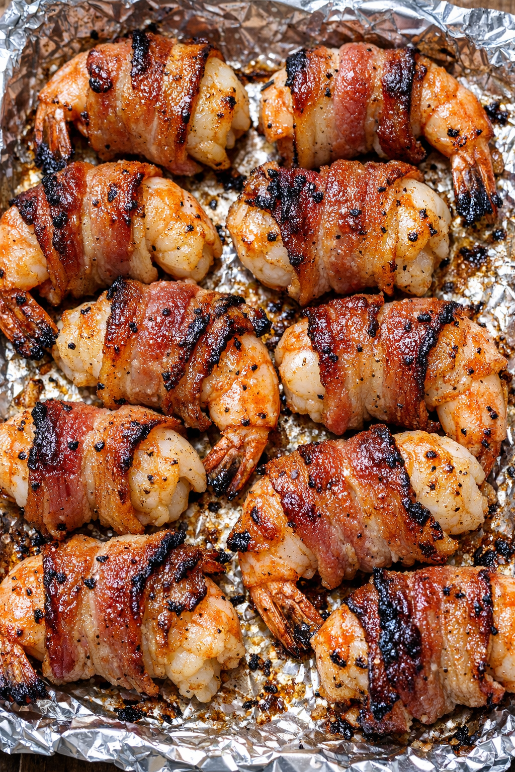 Low carb 3-ingredient bacon shrimp bombs on a foil-lined tray
