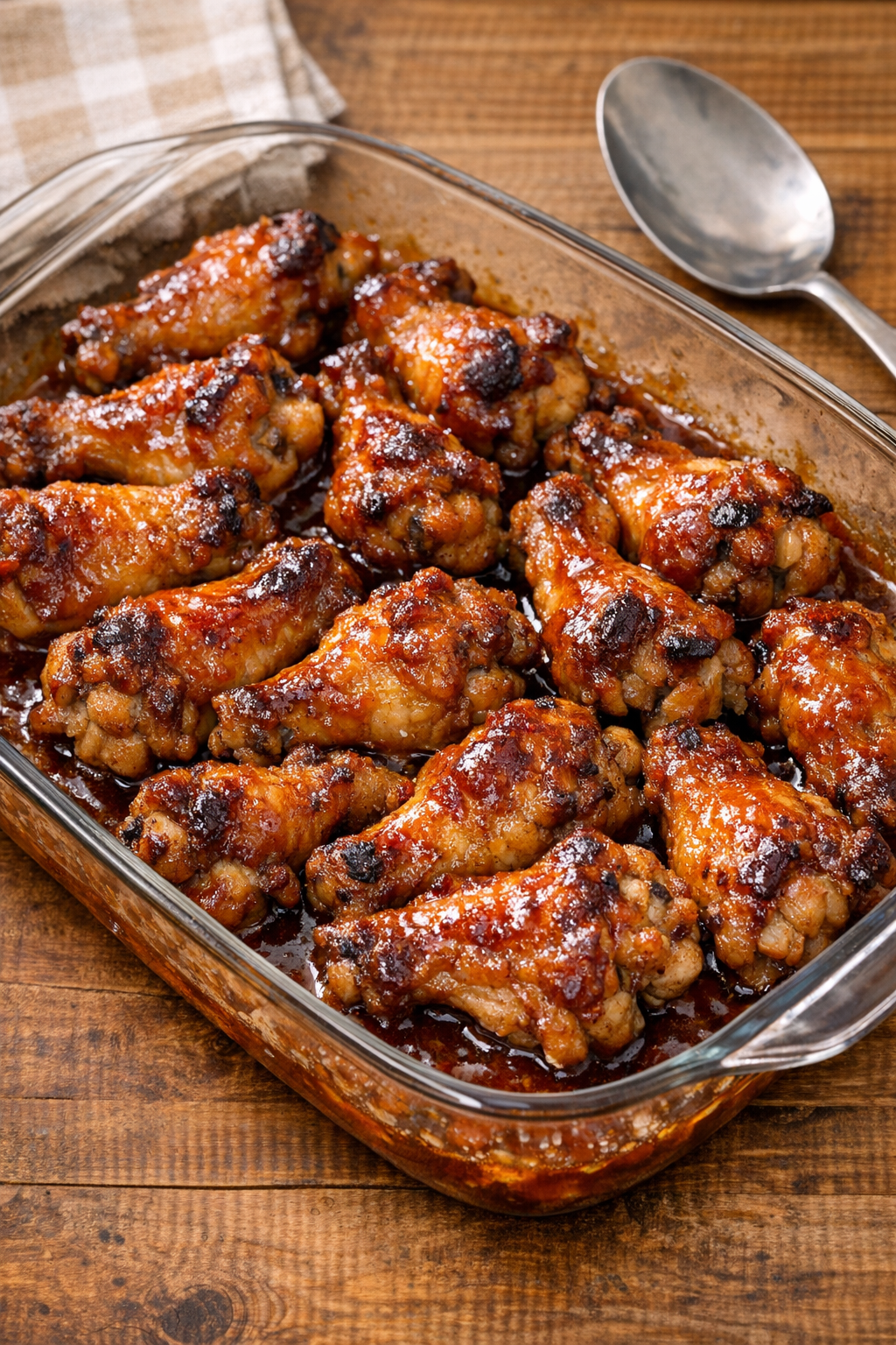 Baked chicken drummettes glazed in a thick sweet and tangy sauce