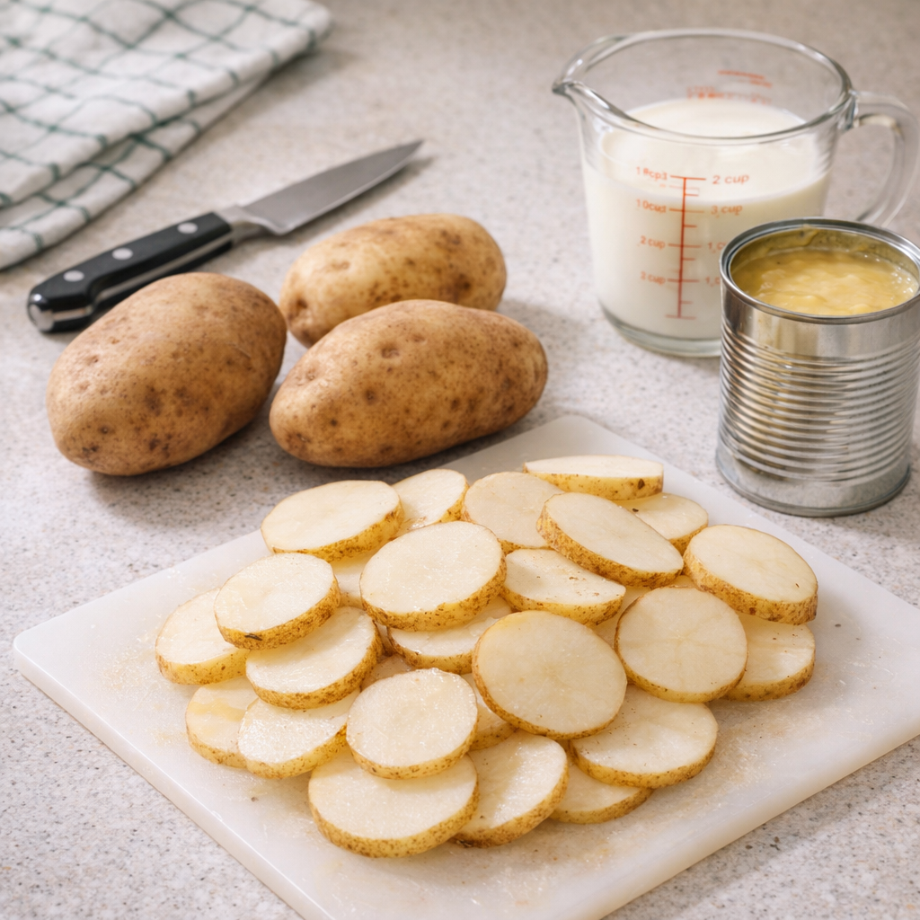 Simple ingredients for Amish chicken soup potatoes on a kitchen counter