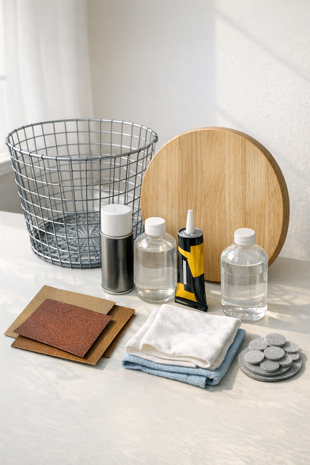 Materials for making a patio side table from a wire basket and round wooden cutting board