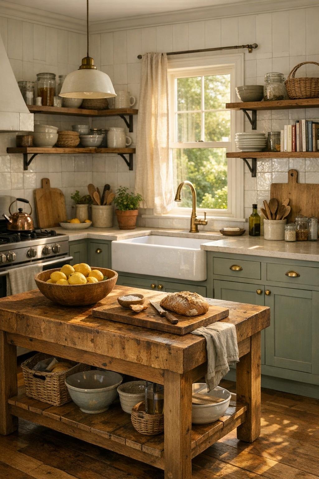 Warm cottage kitchen with sage cabinets, a farmhouse sink, and a butcher block worktable