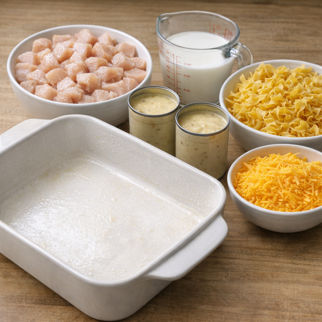 Diced chicken and ingredients arranged for casserole prep