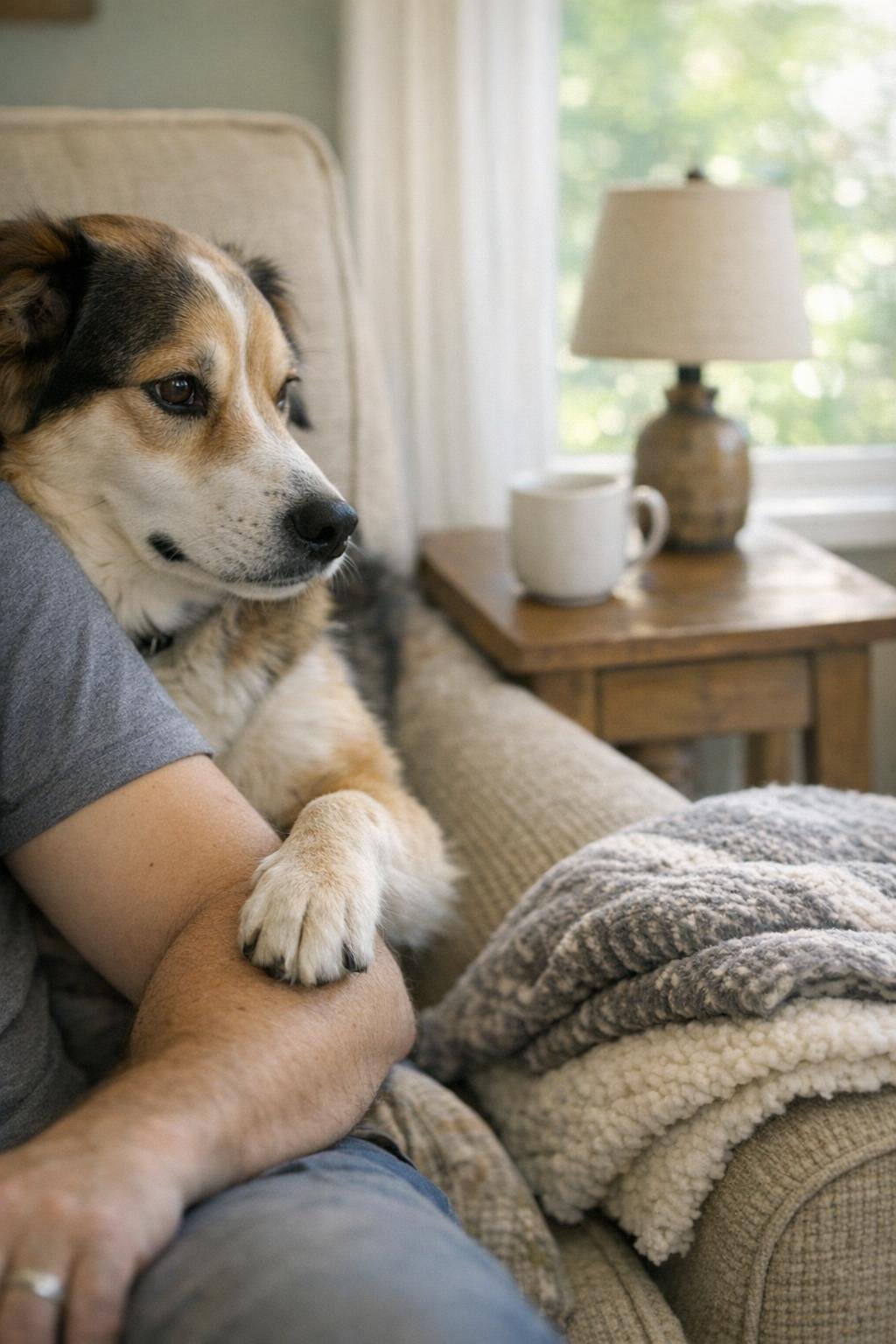 Dog resting a paw on an owner's arm beside a chair