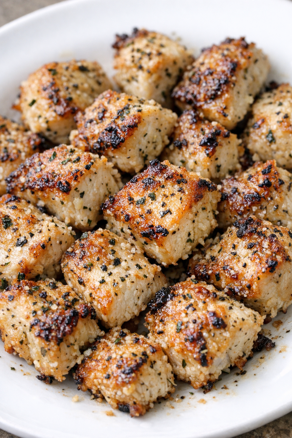 Finished ranch chicken bites on a white plate