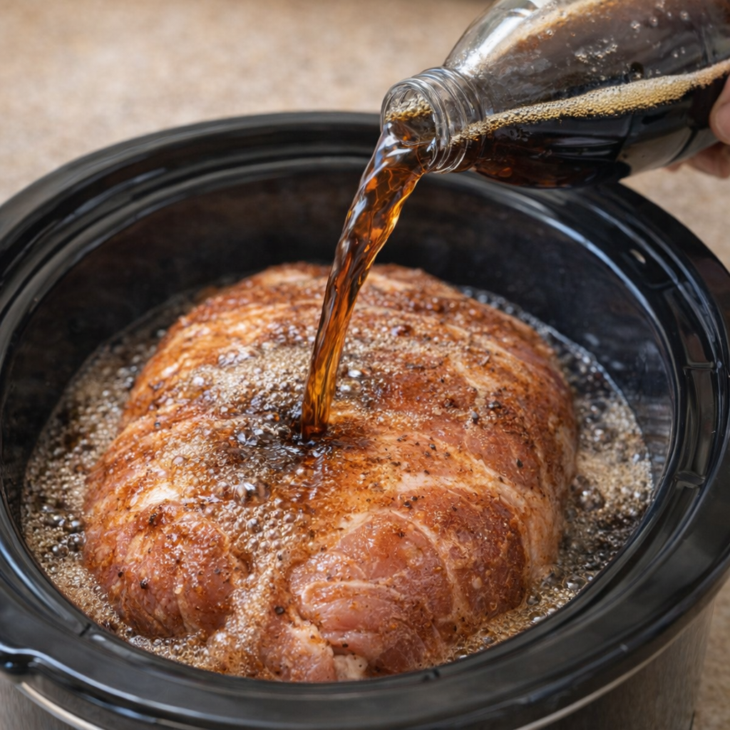 Cola being poured over pork in the slow cooker
