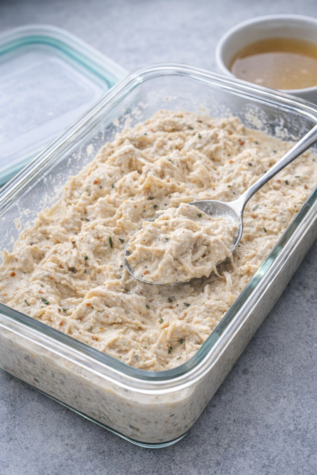 Leftover creamy chicken stored in a glass container