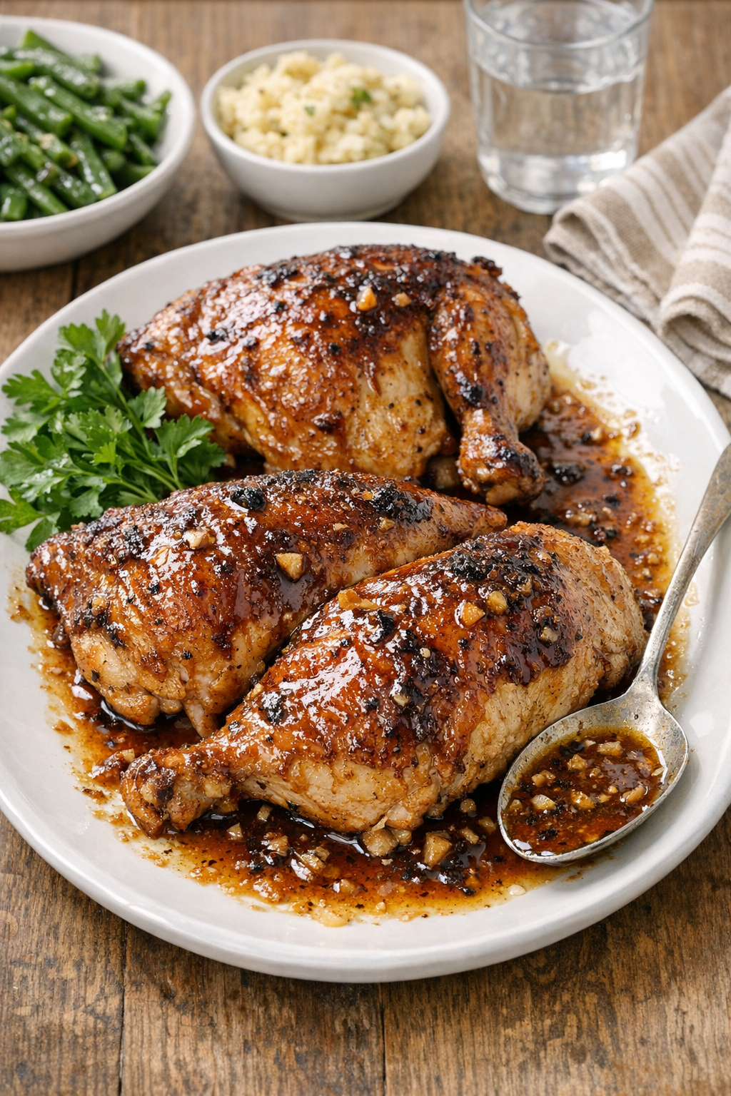 Finished baked chicken halves on a platter