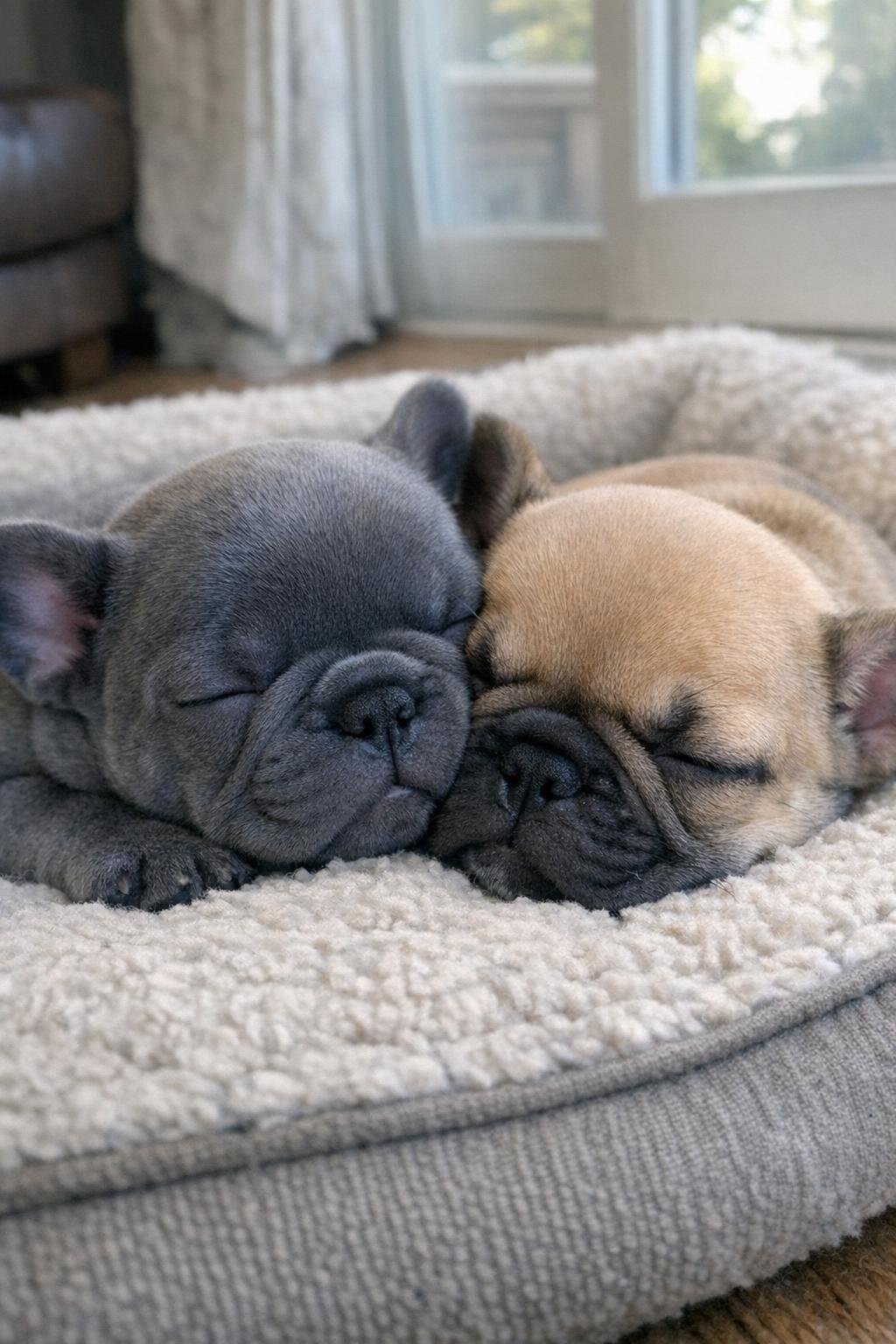 A solid blue grey French Bulldog puppy asleep next to a tan fawn littermate on a dog bed