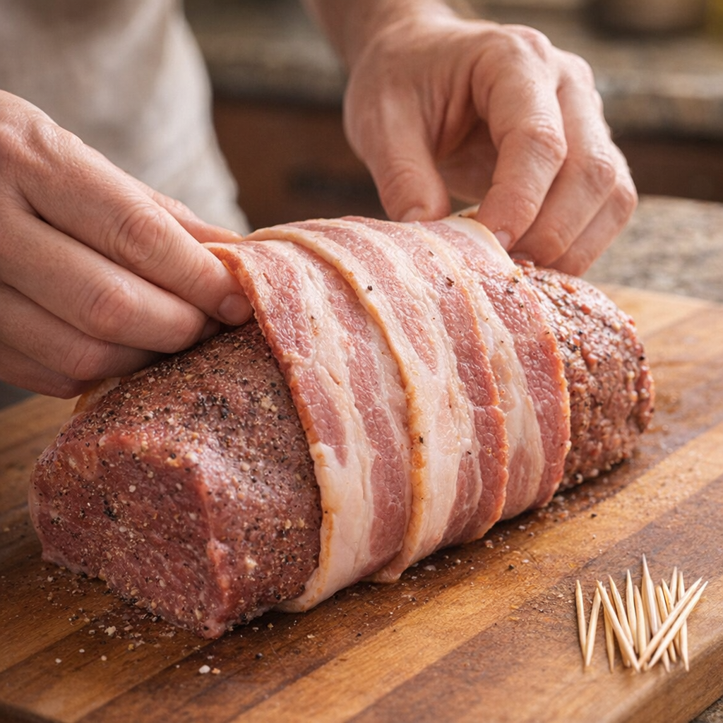 Hands wrapping sirloin roast with overlapping bacon strips