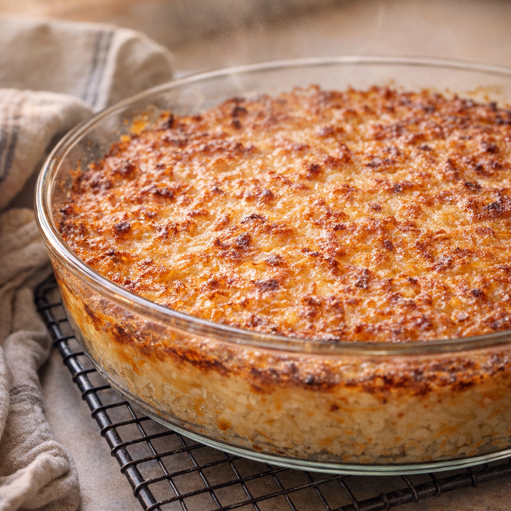 Freshly baked hash brown pie cooling after baking
