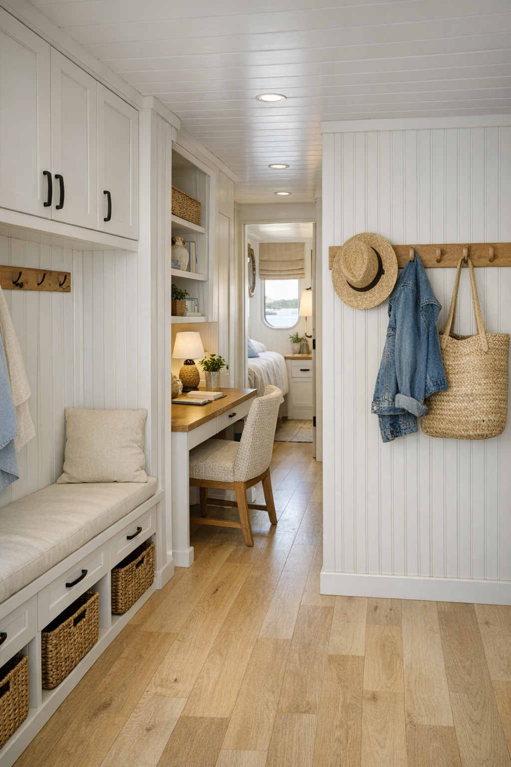 Bright hallway and nook with built-in storage, beadboard details, and a small workspace