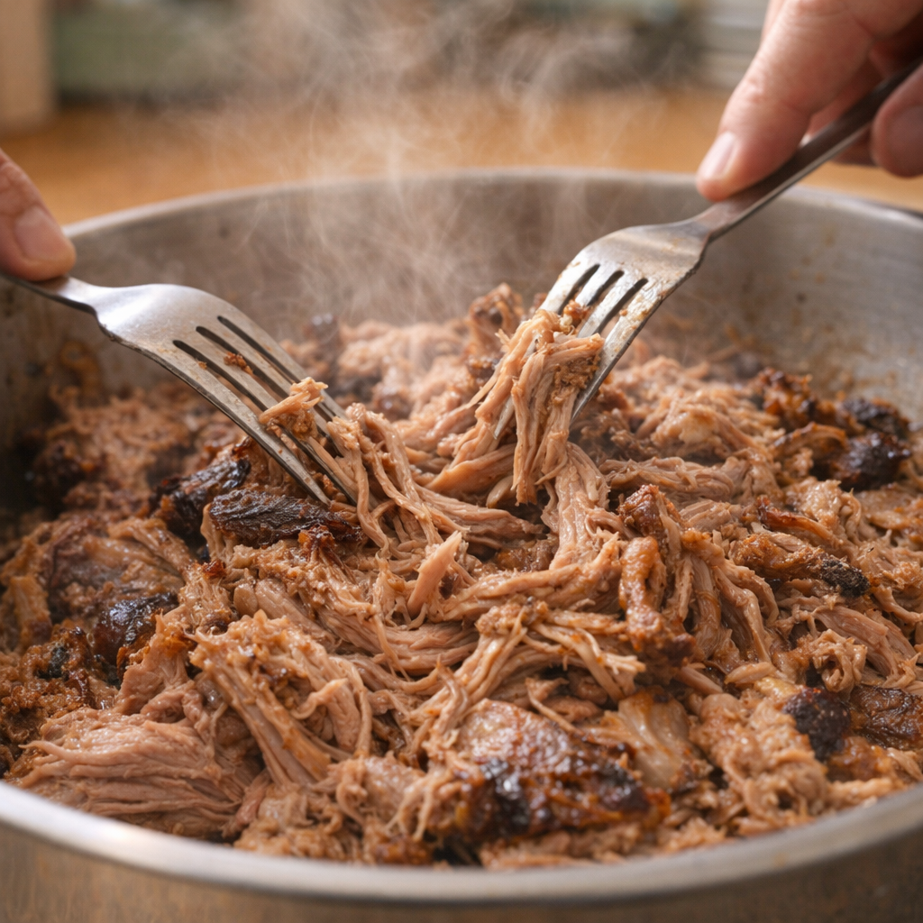 Tender pork being shredded with two forks