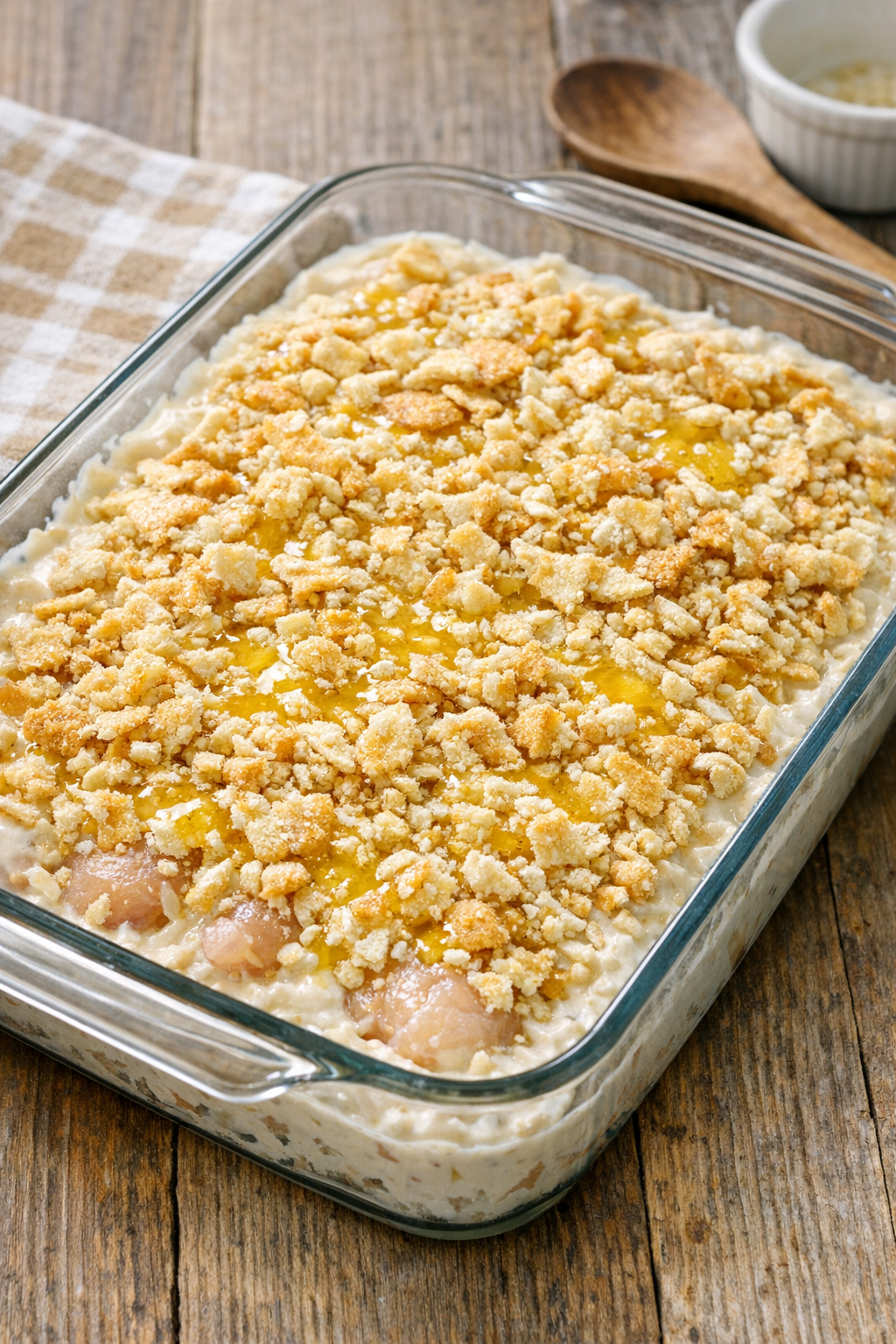 Cracker topping added over creamy chicken casserole
