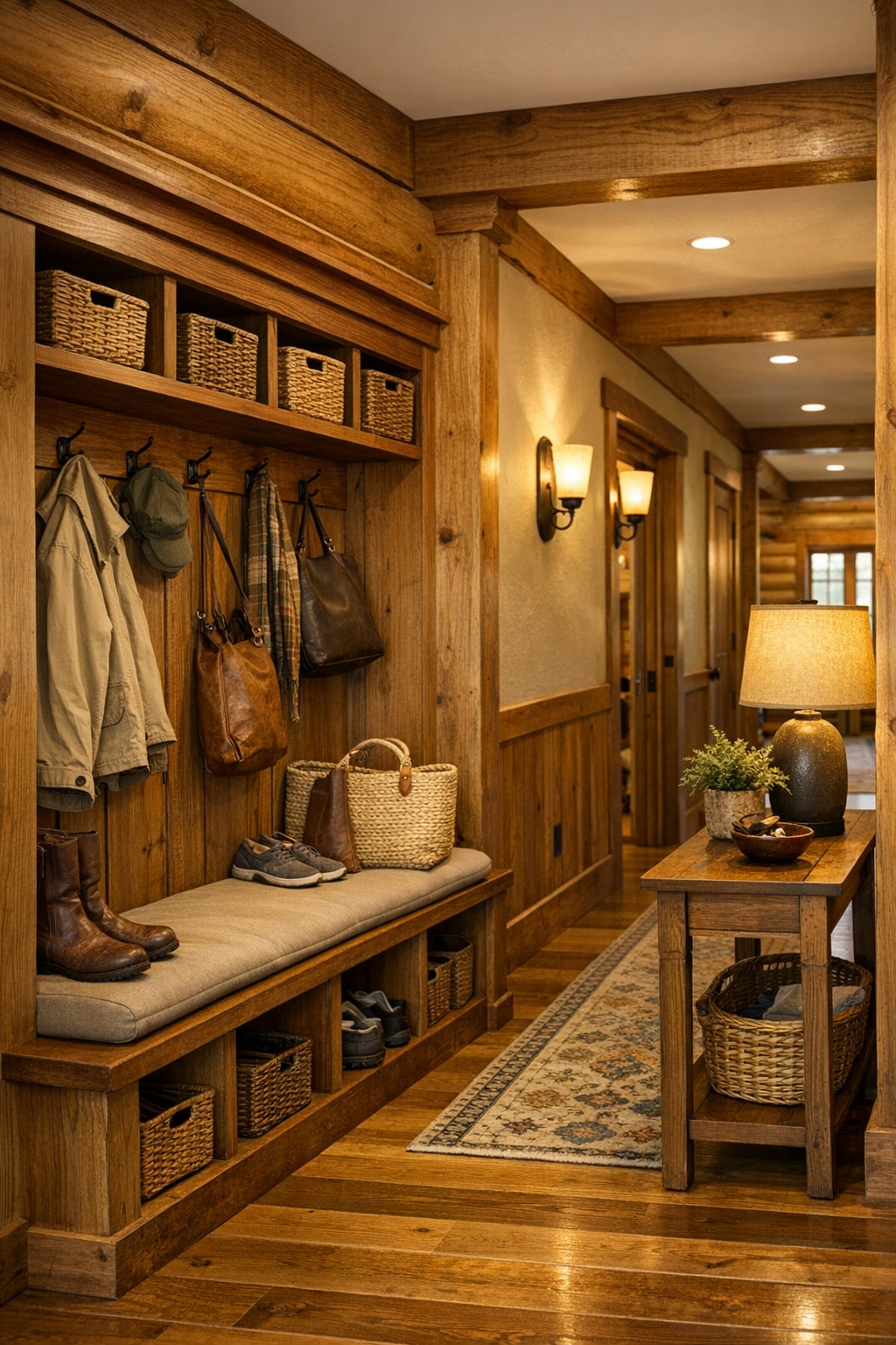 Hallway and utility area with built-in bench, timber trim, and Amish-crafted storage