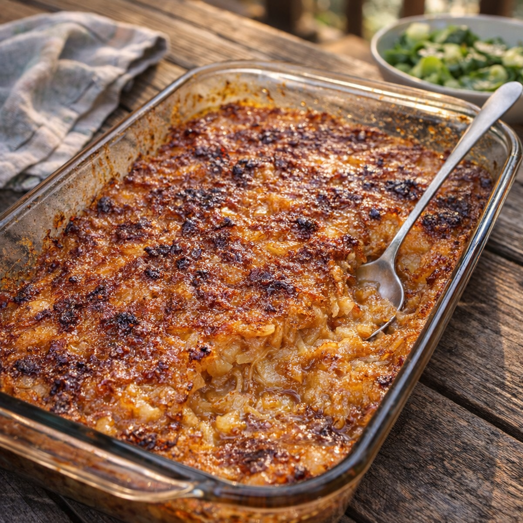 Rustic pan of baked potatoes on a porch table