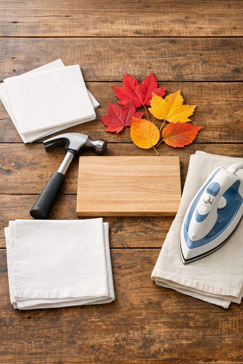 Materials for hammered leaf print napkins laid out together