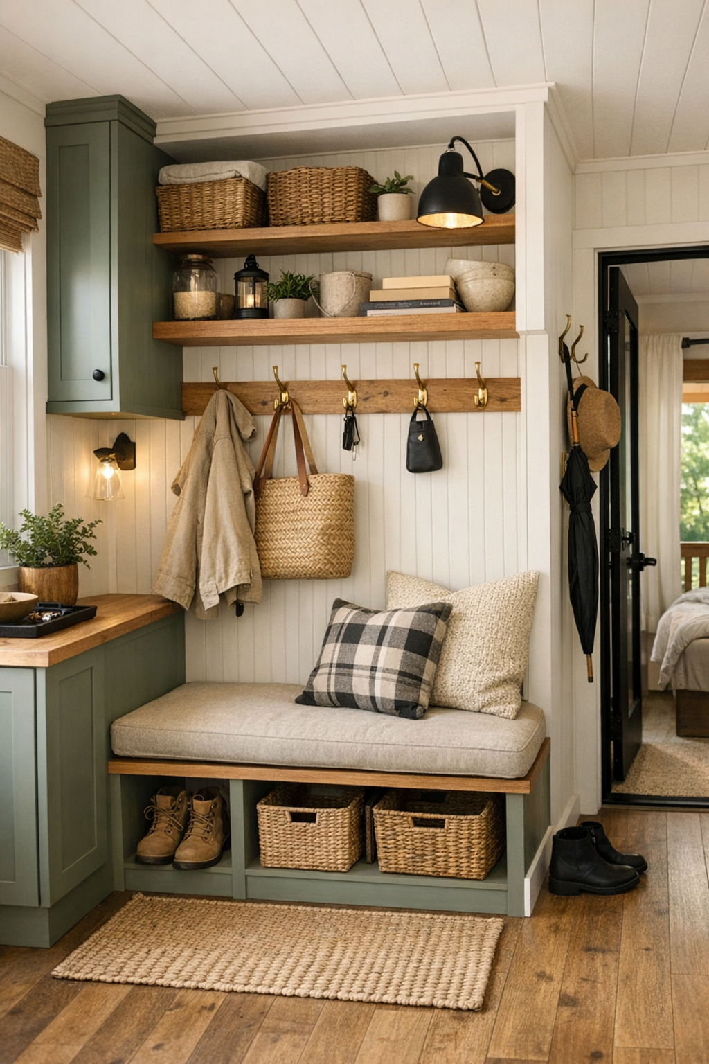Thoughtfully designed cottage entry and multipurpose nook with built-in storage