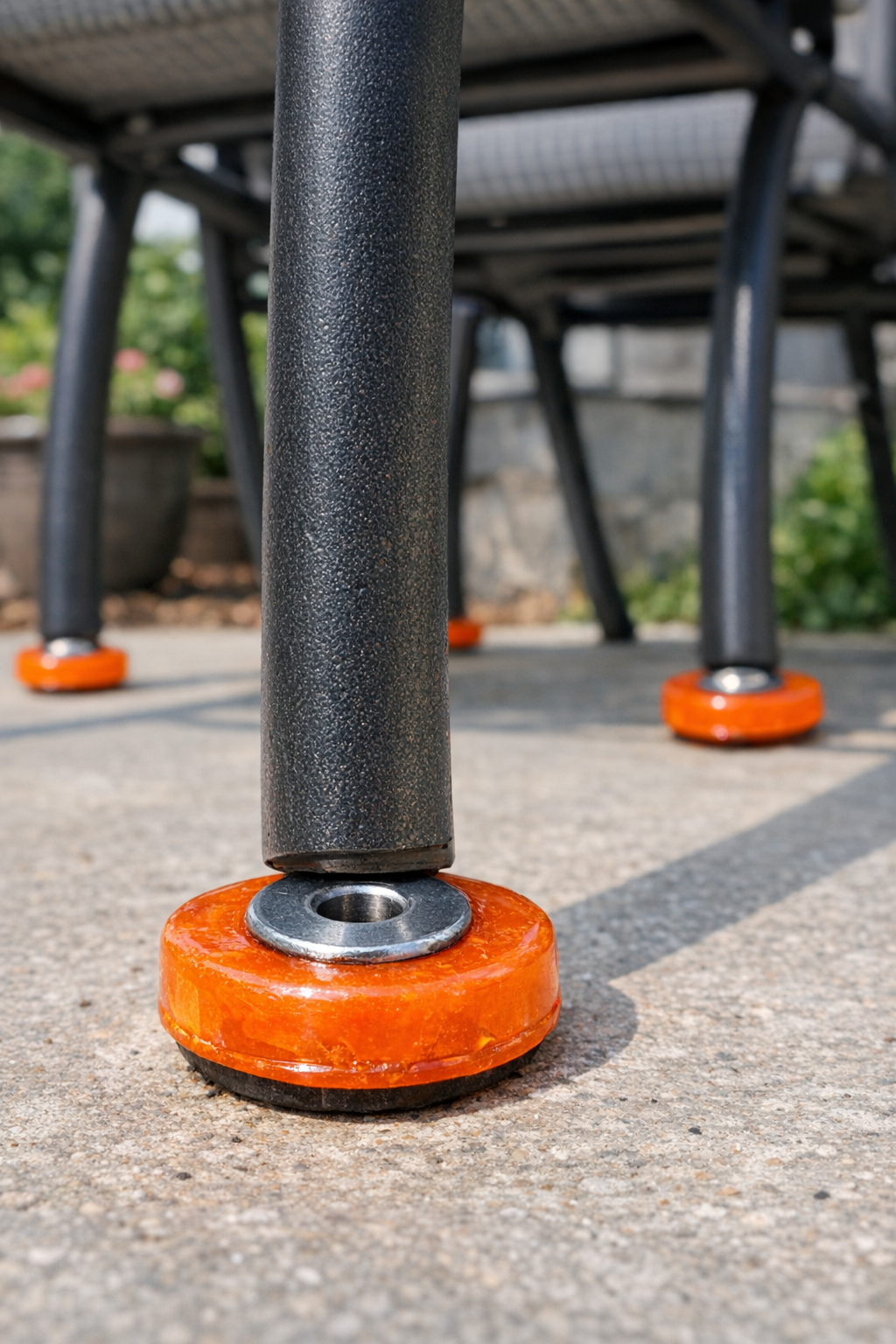 Finished DIY patio furniture glides attached to metal patio chair legs