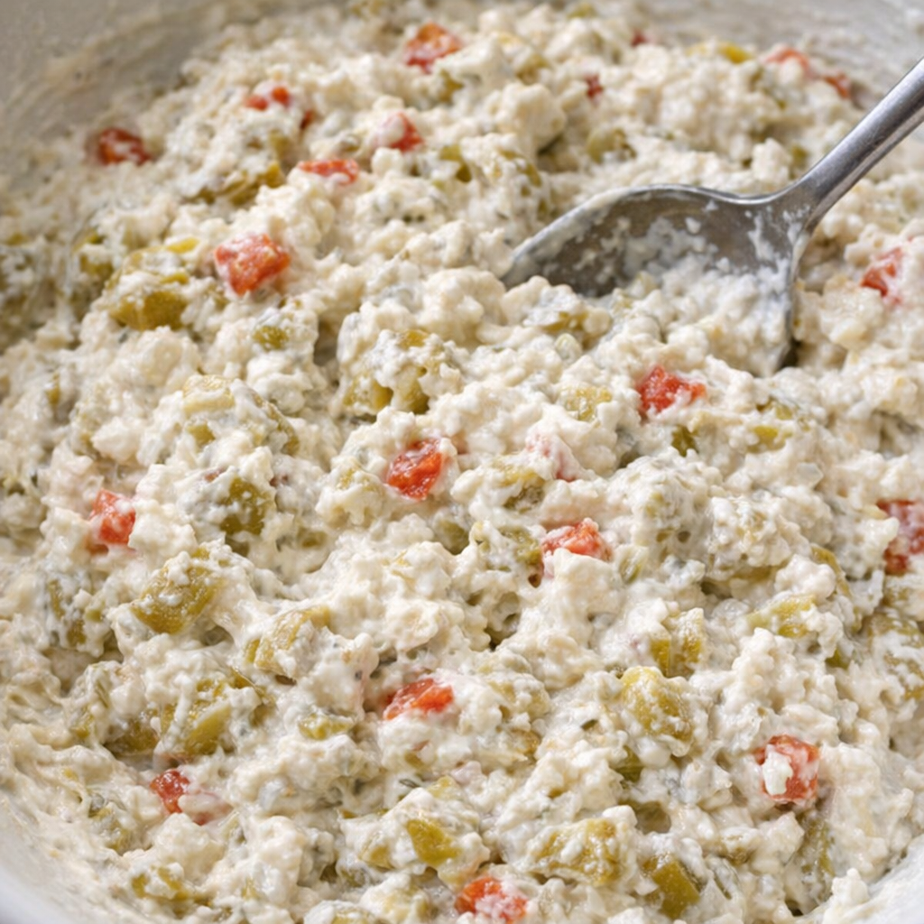 Chopped green olives folded into creamy dip