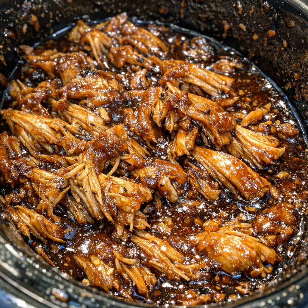 Slow cooker chicken with glossy dark amber glaze