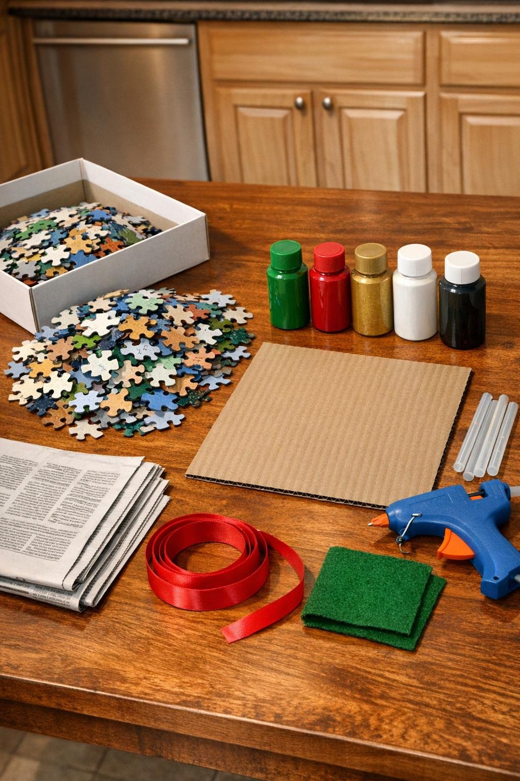 All materials for the puzzle piece wreath laid out on a kitchen table