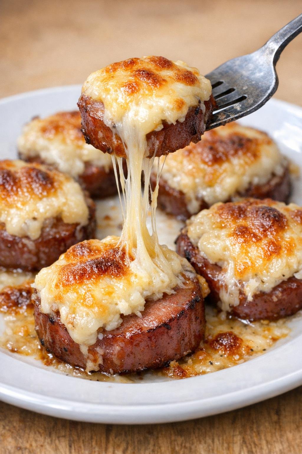 Low carb kielbasa Radcliffe bites on a white plate with a cheese pull