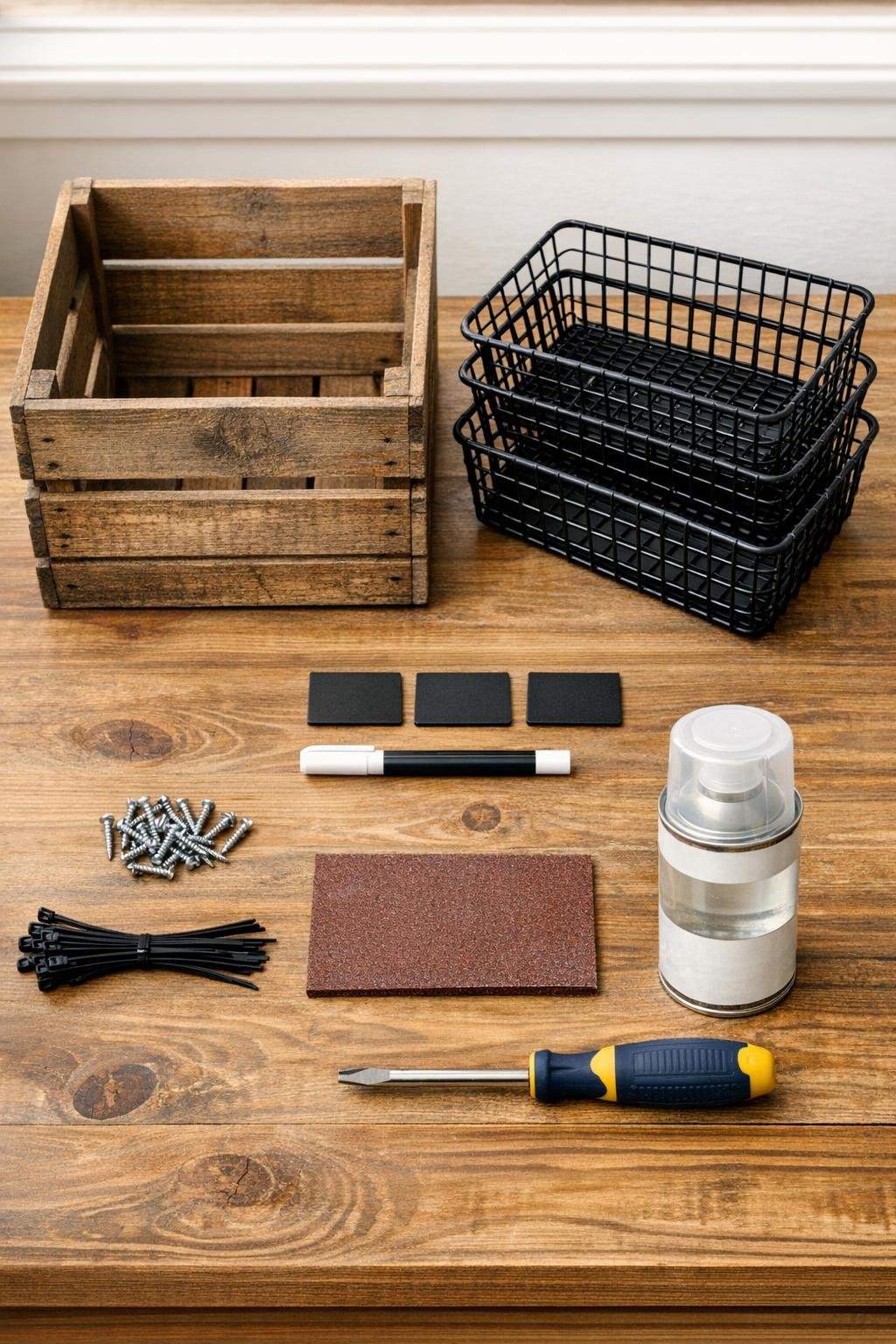 Materials for a wooden crate produce bin laid out on a work surface