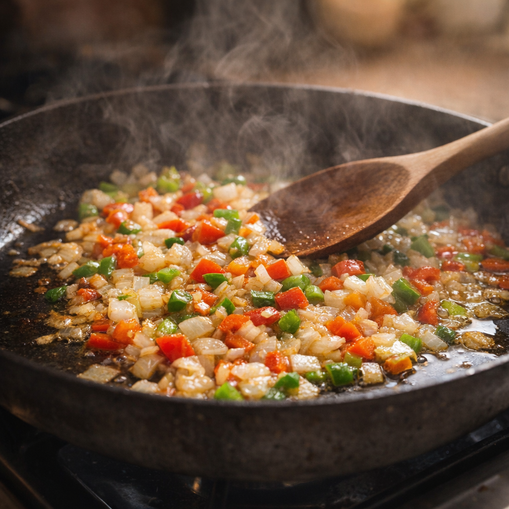 Onions and peppers sautéing in a skillet
