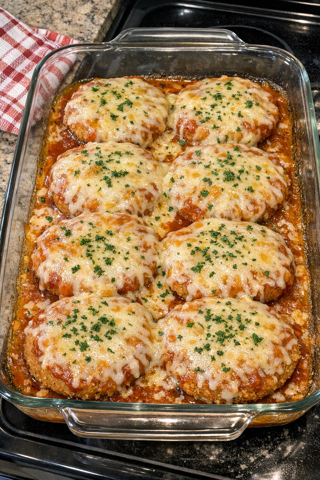 Baked chicken patties with sauce and melted cheese