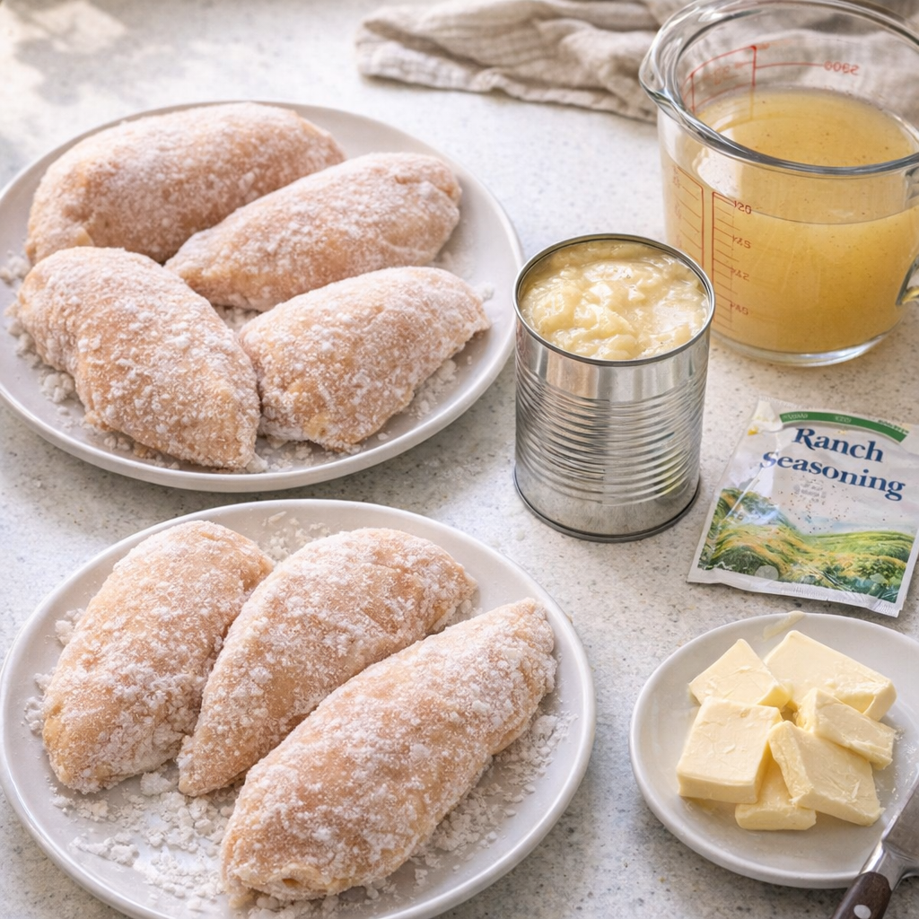 Ingredients for cream chicken arranged on a kitchen counter
