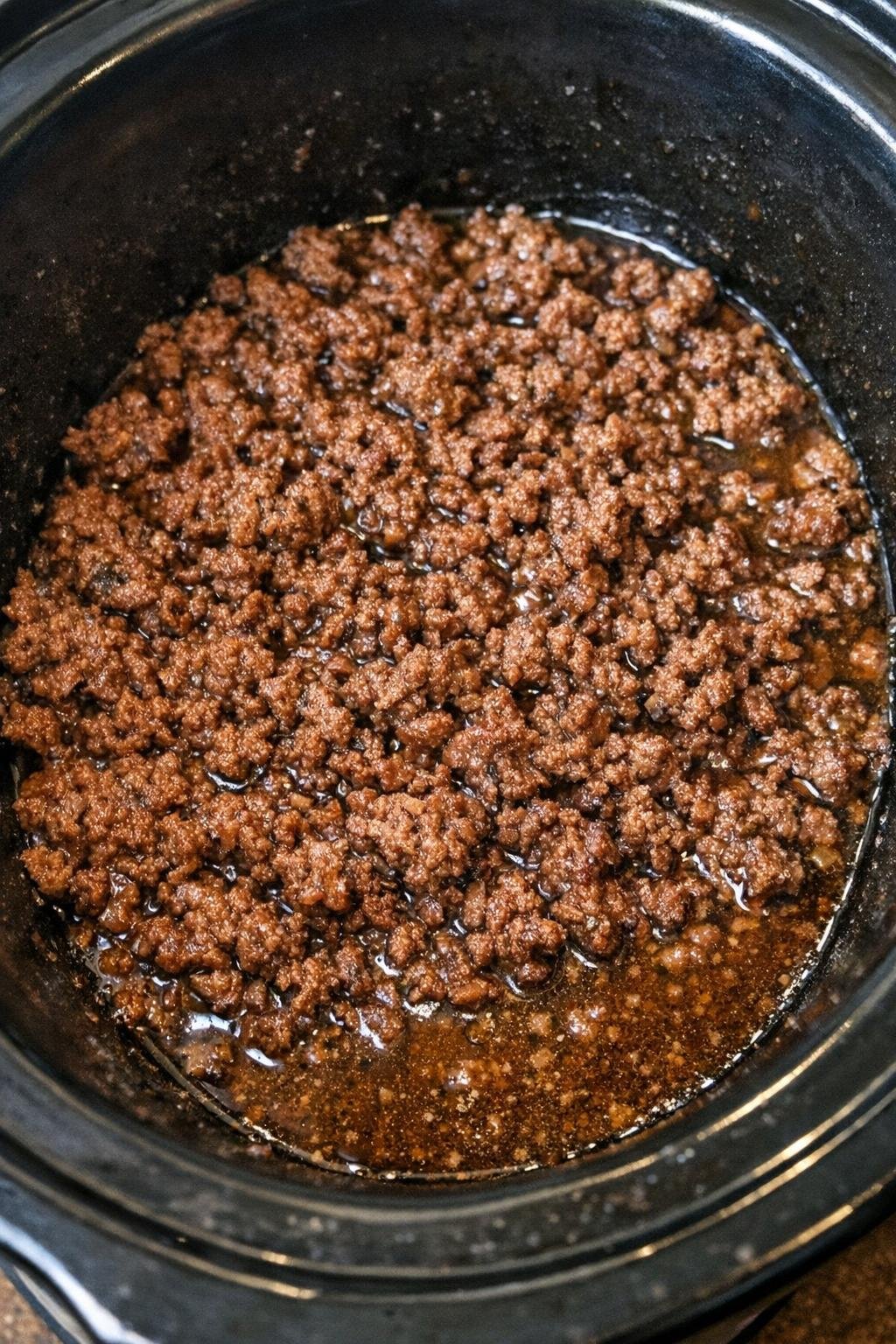 Slow cooker tavern beef in a black slow cooker